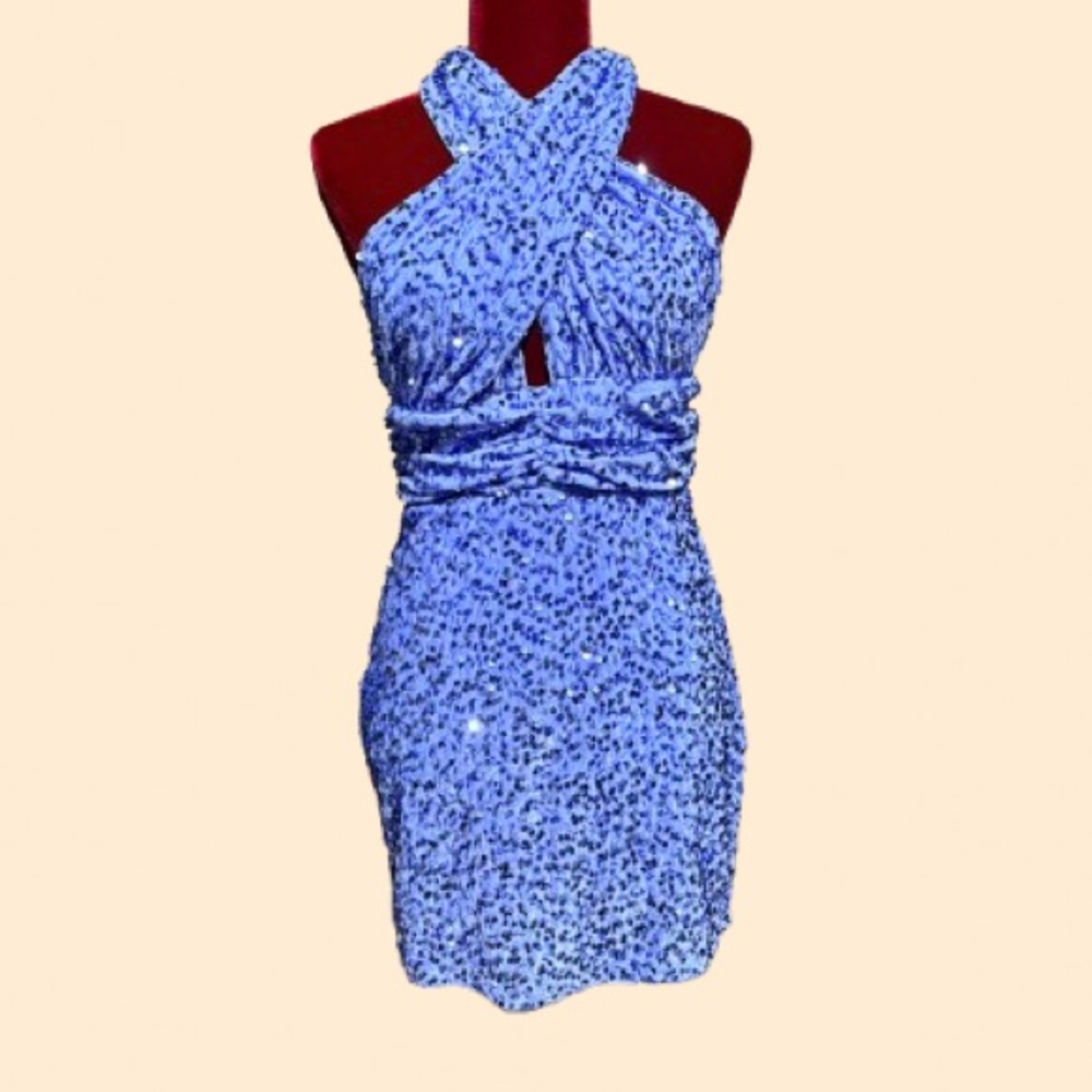 Elegant Blue Sequined Halter Dress XL